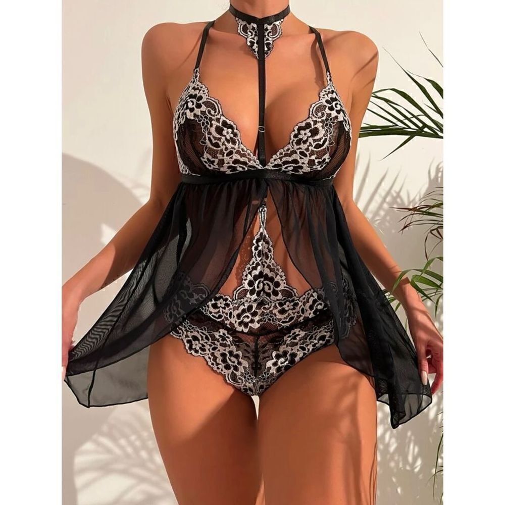 Sexy Lace Halter Choker Babydoll Lace Black Lingerie Set with Thong